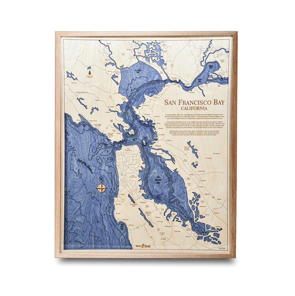 San Francisco Nautical Map Wall Art Oak Accent with Deep Blue Water