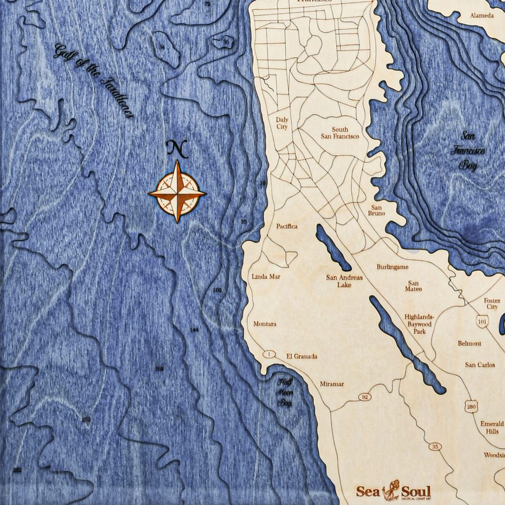 San Francisco Nautical Map Wall Art Oak Accent with Deep Blue Water Detail Shot 1