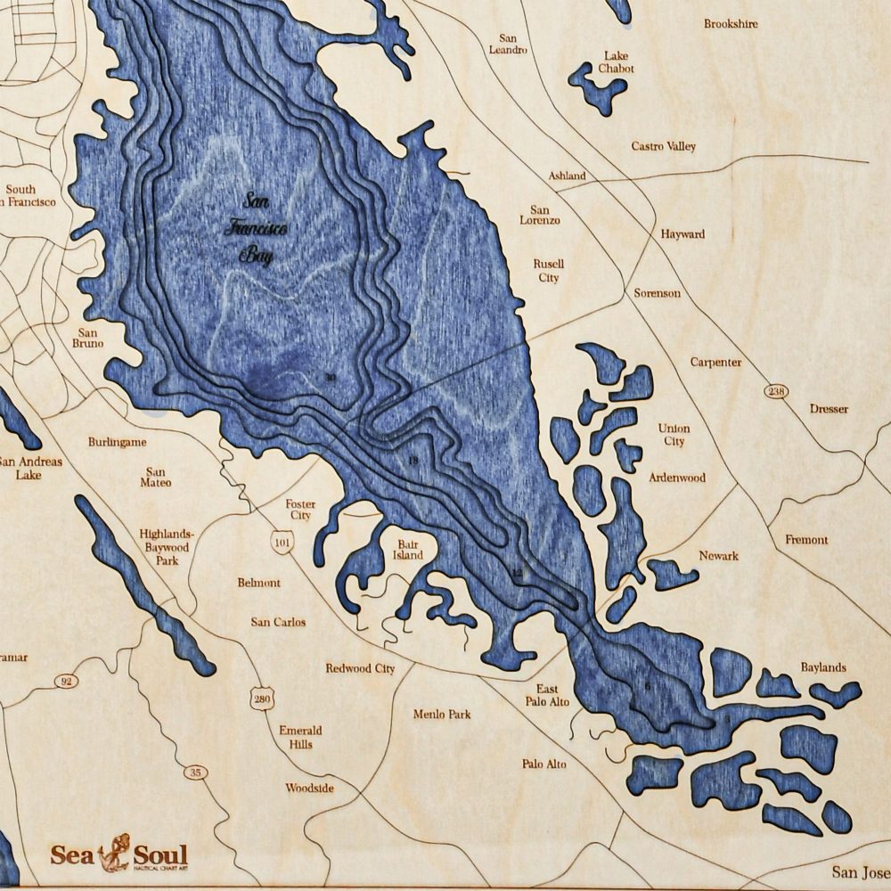 San Francisco Nautical Map Wall Art Oak Accent with Deep Blue Water Detail Shot 2