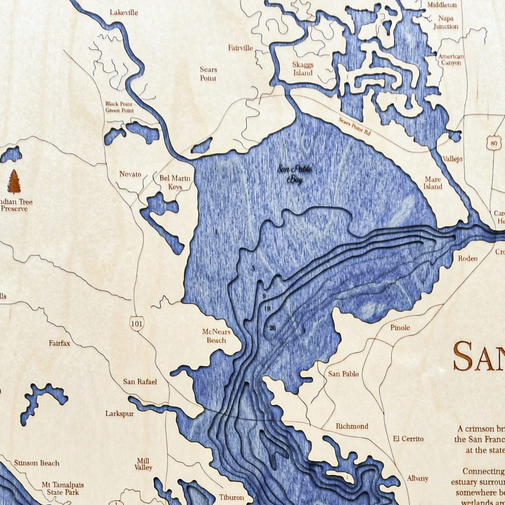San Francisco Nautical Map Wall Art Oak Accent with Deep Blue Water Detail Shot 3