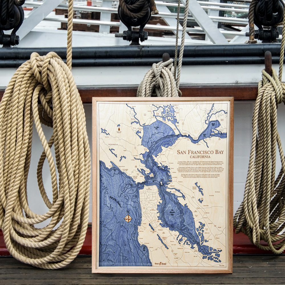 San Francisco Nautical Map Wall Art Oak Accent with Deep Blue Water Sitting on Dock by Boat