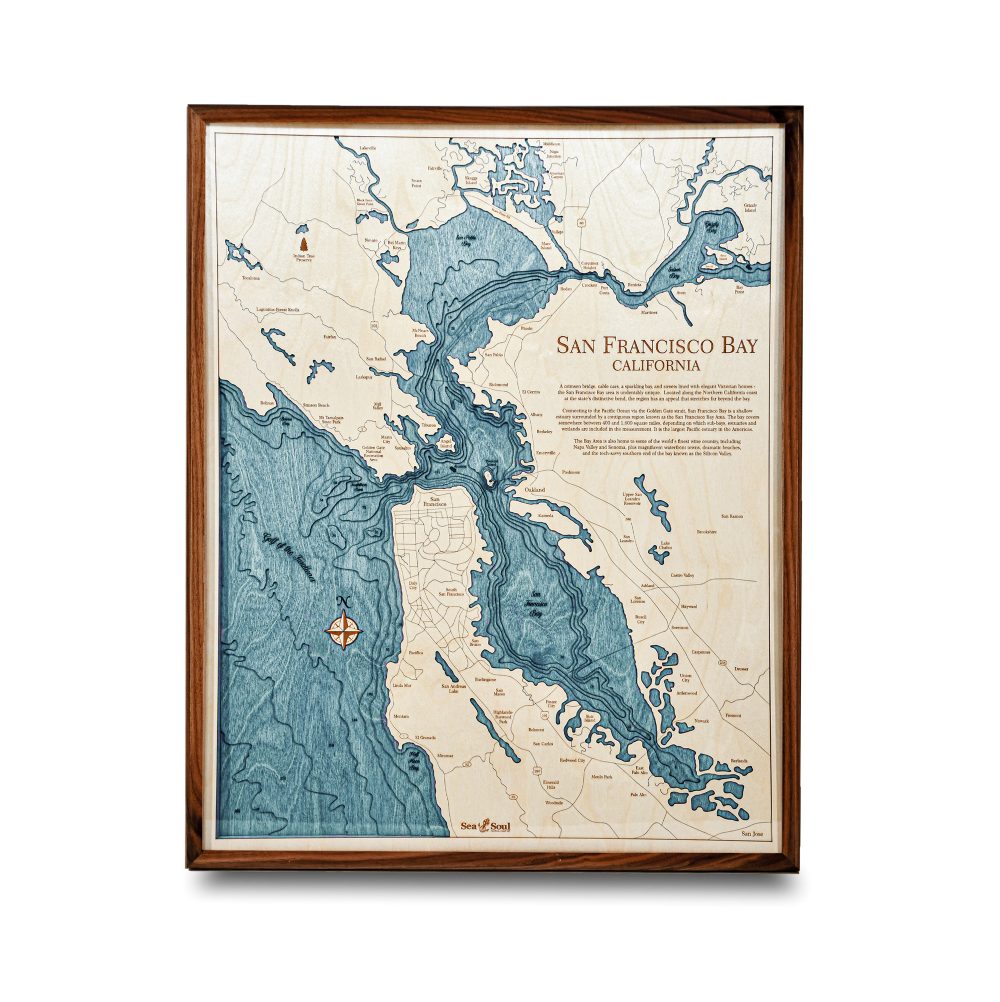 San Francisco Nautical Map Wall Art Walnut Accent with Blue Green Water
