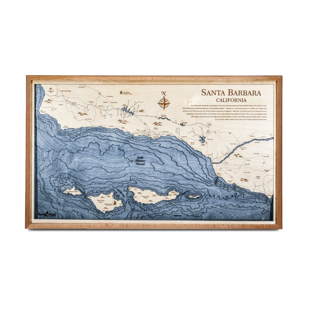 Santa Barbara Nautical Map Wall Art Cherry Accent with Deep Blue Water