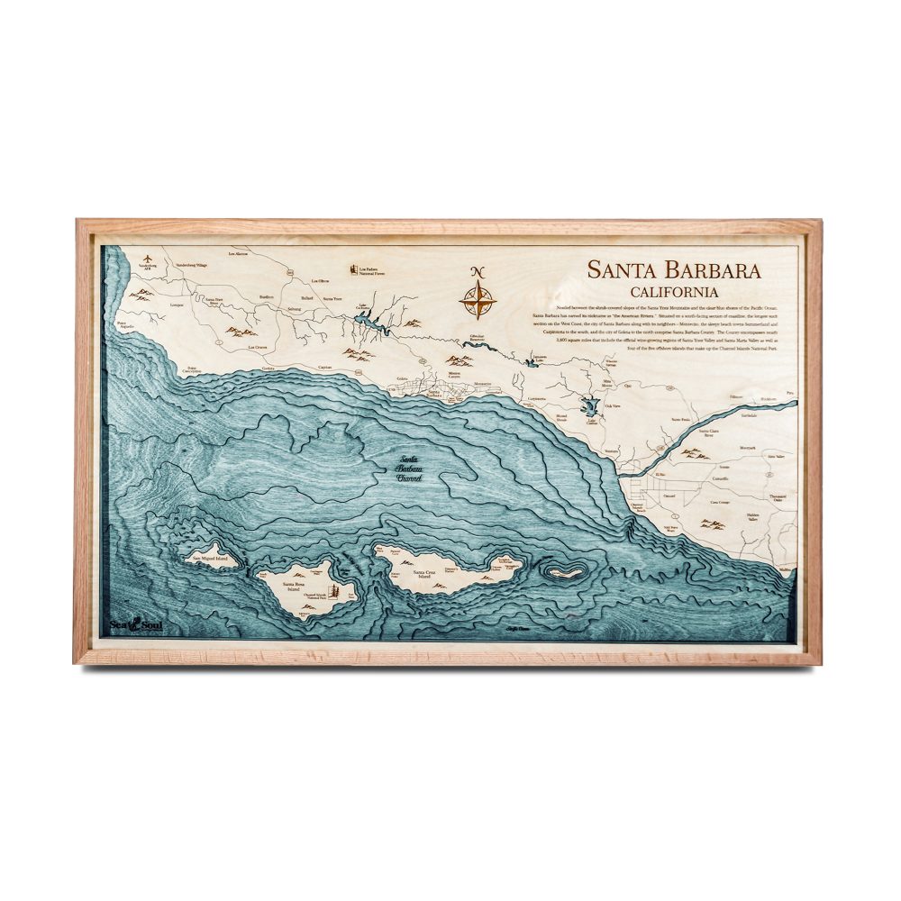 Santa Barbara Nautical Map Wall Art Oak Accent with Blue Green Water