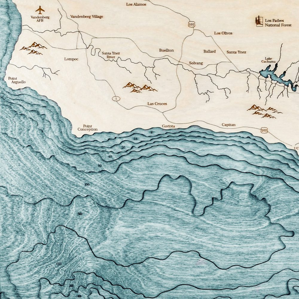 Santa Barbara Nautical Map Wall Art Oak Accent with Blue Green Water Detail Shot 1
