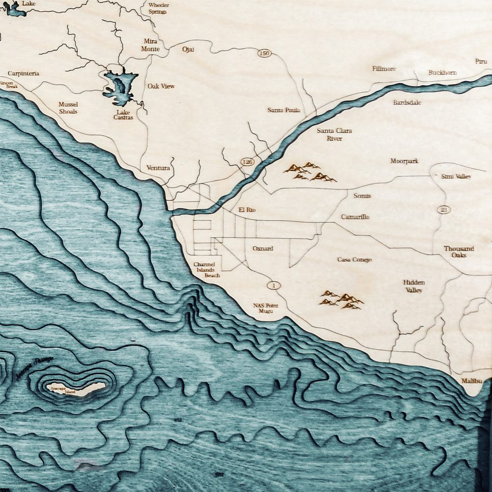 Santa Barbara Nautical Map Wall Art Oak Accent with Blue Green Water Detail Shot 3