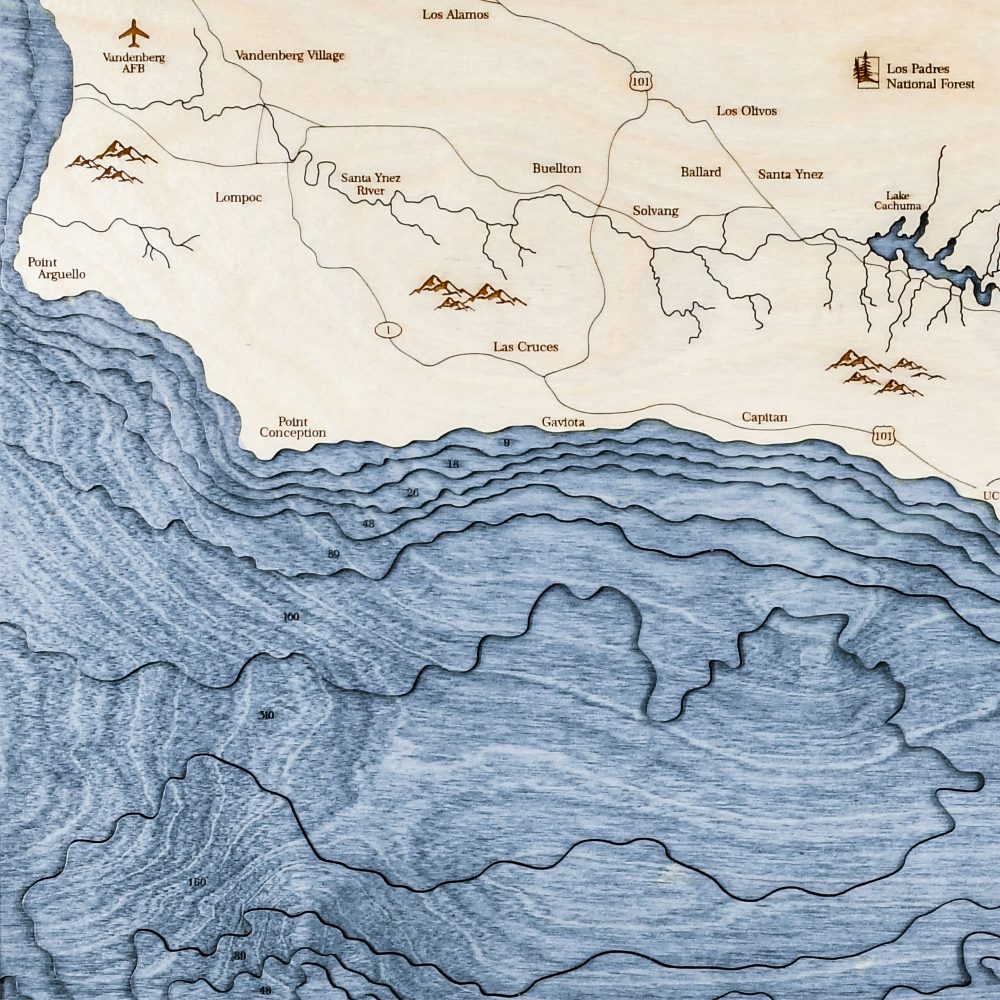Santa Barbara Nautical Map Wall Art Oak Accent with Deep Blue Water Detail Shot 1