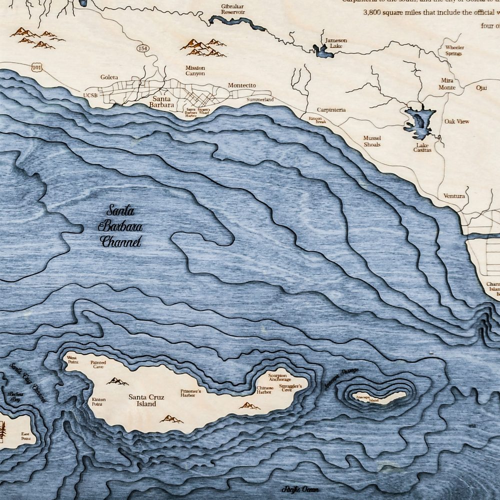 Santa Barbara Nautical Map Wall Art Oak Accent with Deep Blue Water Detail Shot 2
