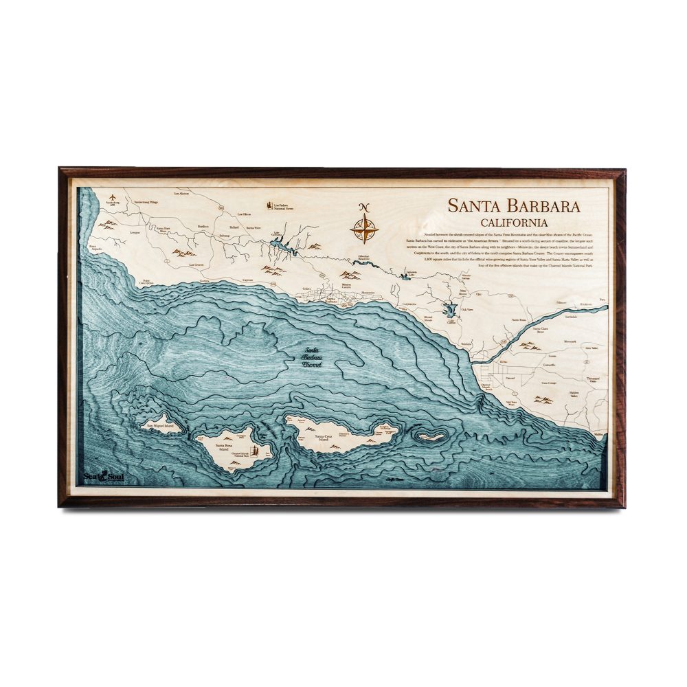 Santa Barbara Nautical Map Wall Art Walnut Accent with Blue Green Water