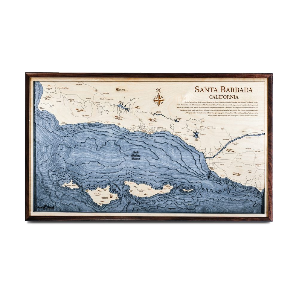 Santa Barbara Nautical Map Wall Art Walnut Accent with Deep Blue Water