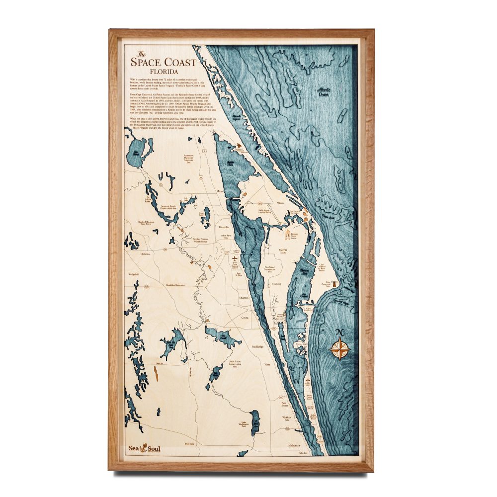 Space Coast Nautical Map Wall Art Cherry Accent with Blue Green Water