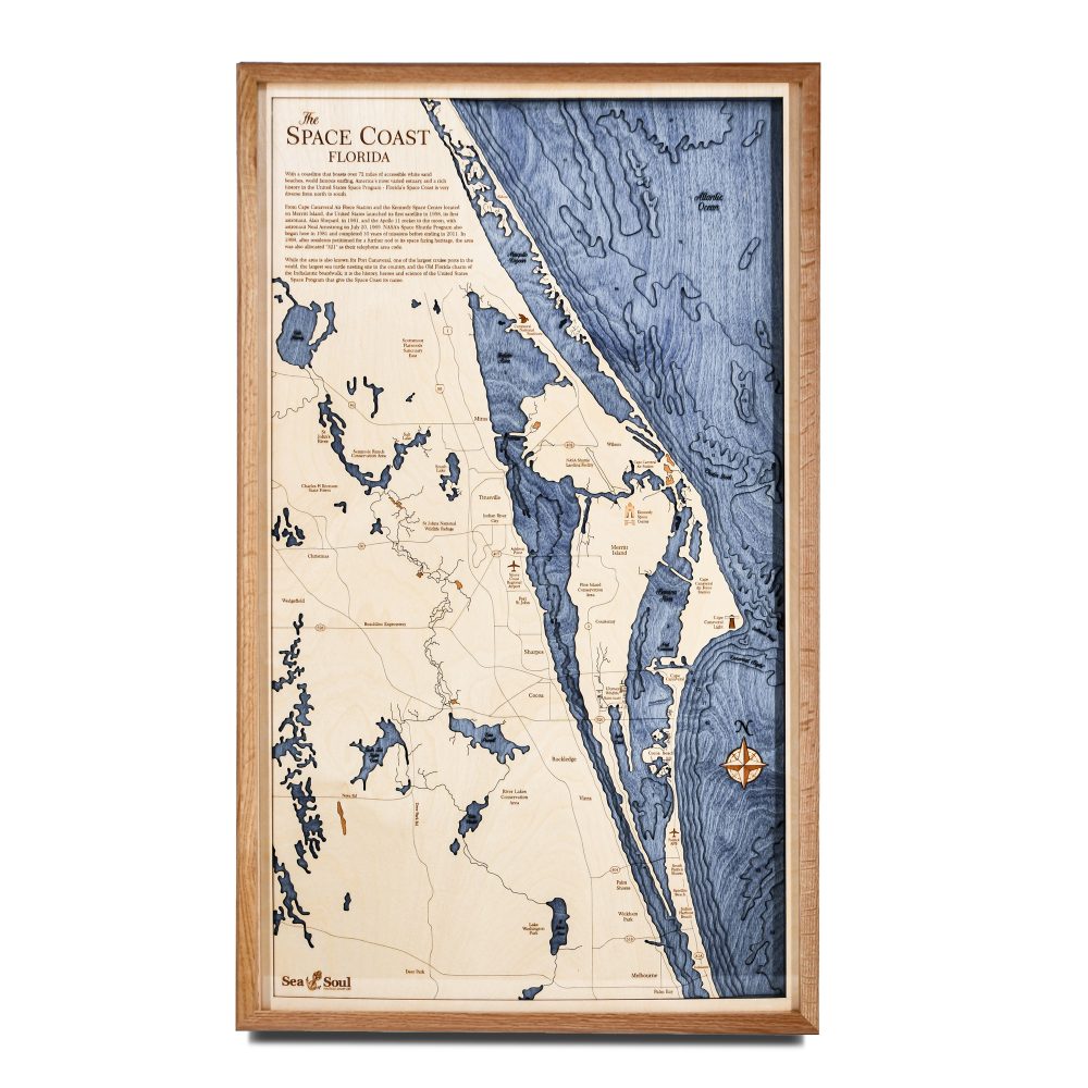 Space Coast Nautical Map Wall Art Cherry Accent with Deep Blue Water