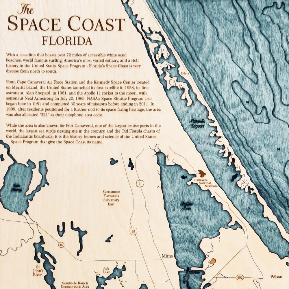 Space Coast Nautical Map Wall Art Oak Accent with Blue Green Water Detail Shot 1