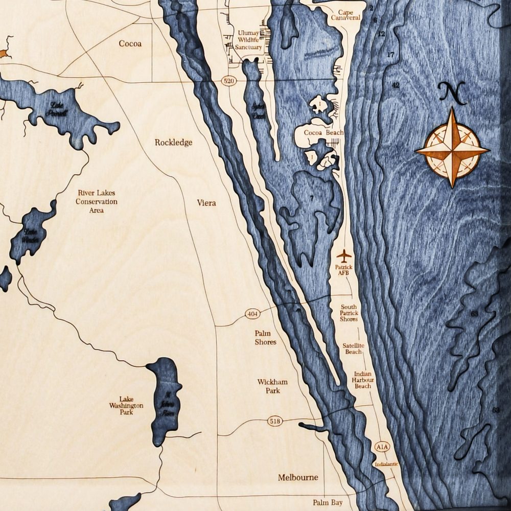 Space Coast Nautical Map Wall Art Oak Accent with Deep Blue Water Detail Shot 2
