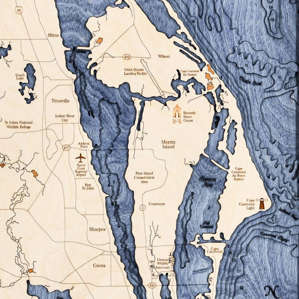 Space Coast Nautical Map Wall Art Oak Accent with Deep Blue Water Detail Shot 3
