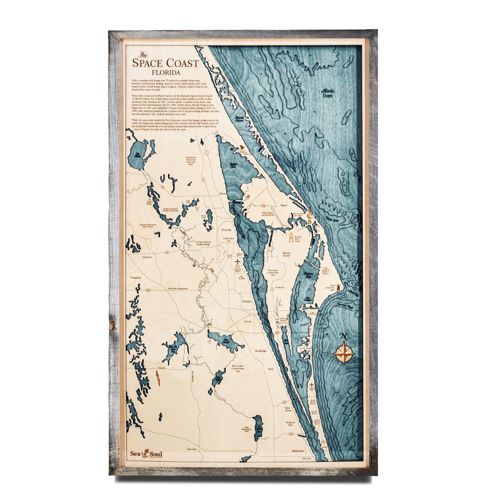 Space Coast Nautical Map Wall Art Rustic Pine Accent with Blue Green Water