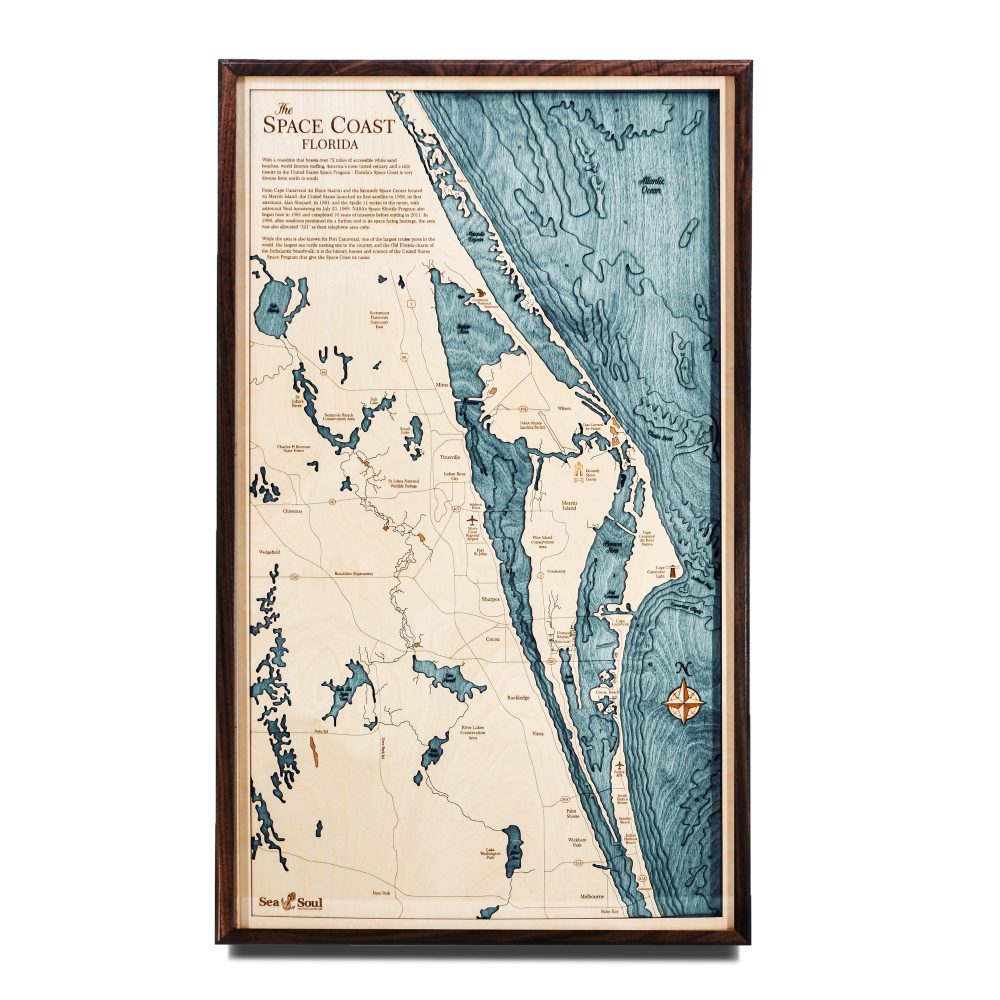 Space Coast Nautical Map Wall Art Walnut Accent with Blue Green Water