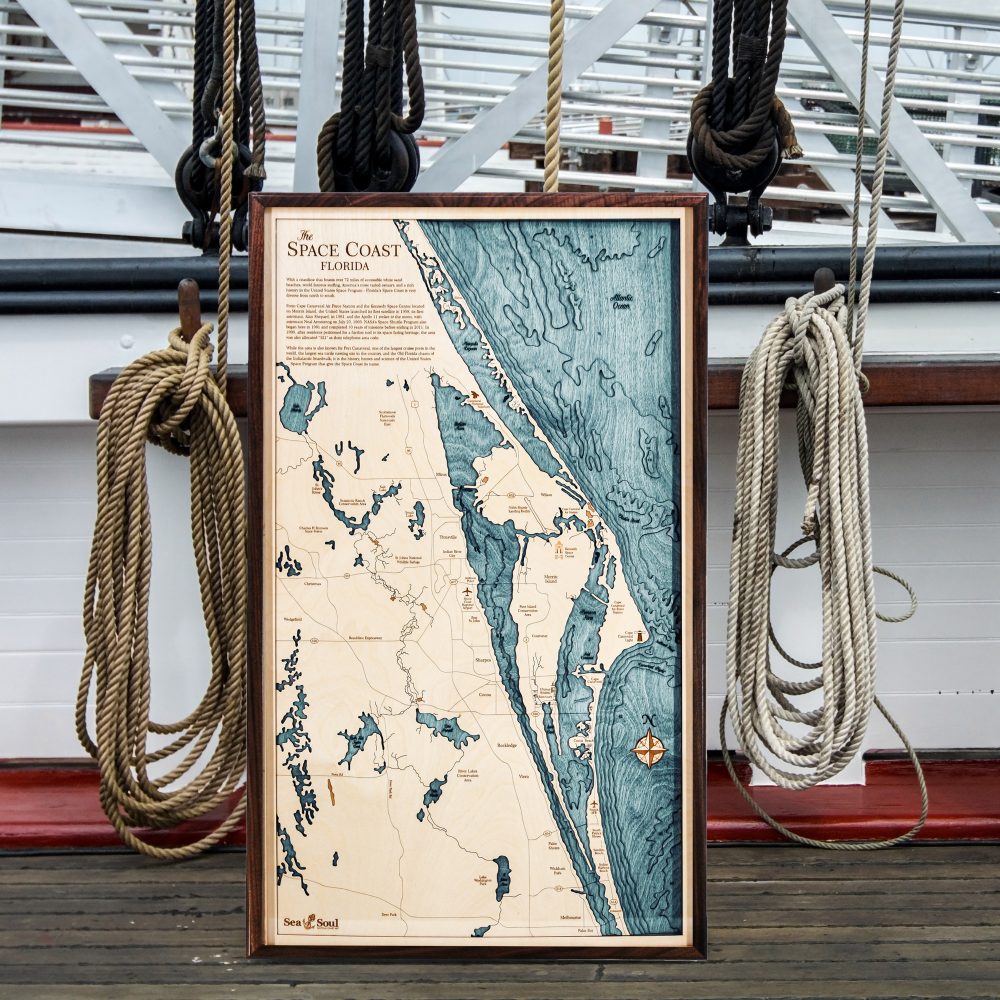 Space Coast Nautical Map Wall Art Walnut Accent with Blue Green Water Sitting on Dock by Boat