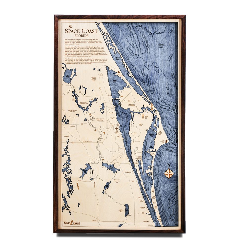 Space Coast Nautical Map Wall Art Walnut Accent with Deep Blue Water