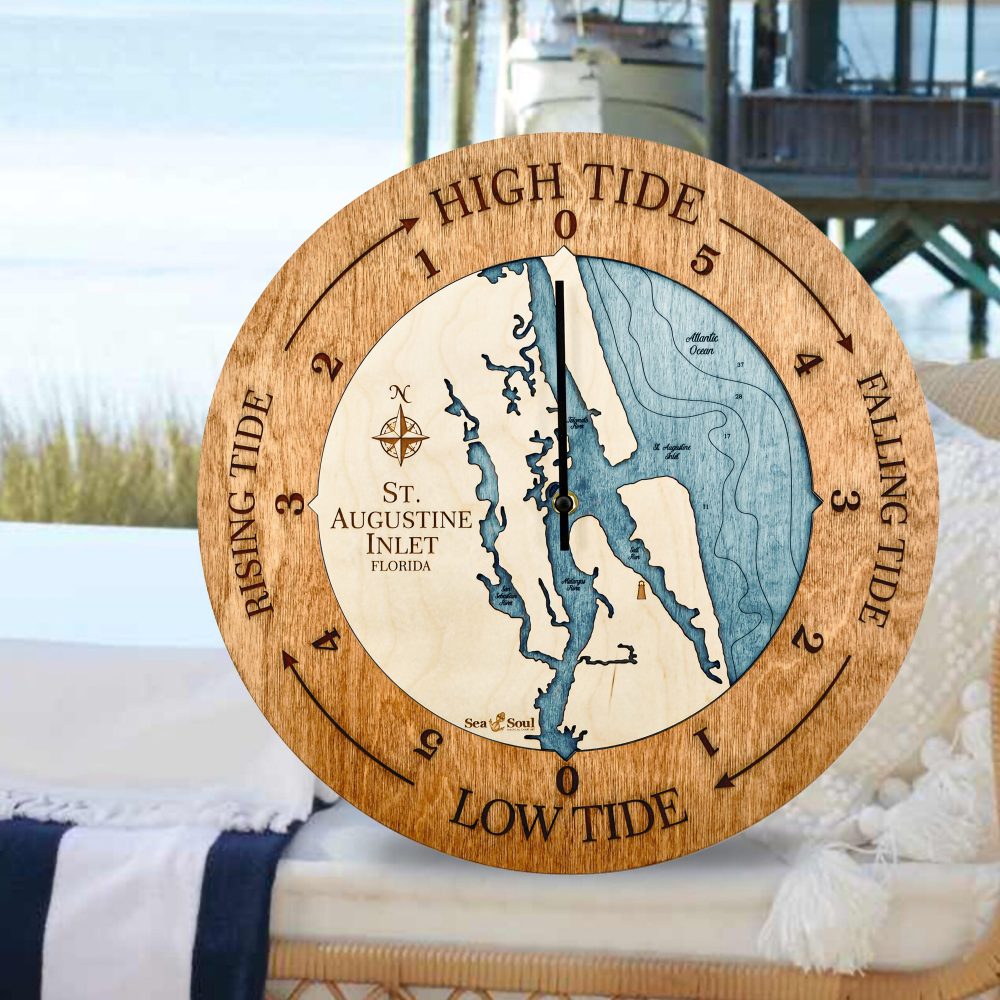 St. Augustine Tide Clock Americana Accent with Blue Green Water Sitting on Outdoor Bench
