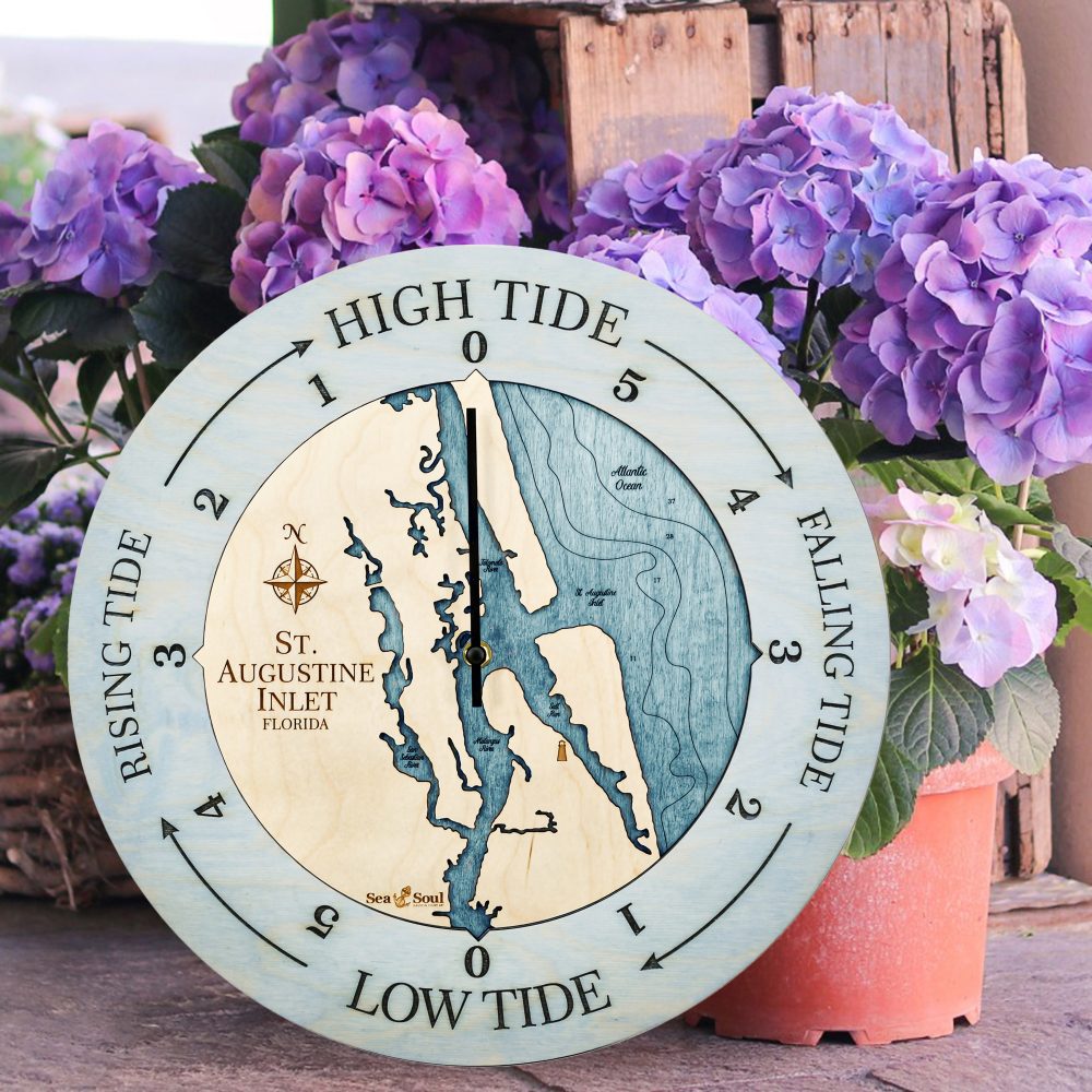 St. Augustine Tide Clock Bleach Blue Accent with Blue Green Water Sitting on Ground by Flower Pots