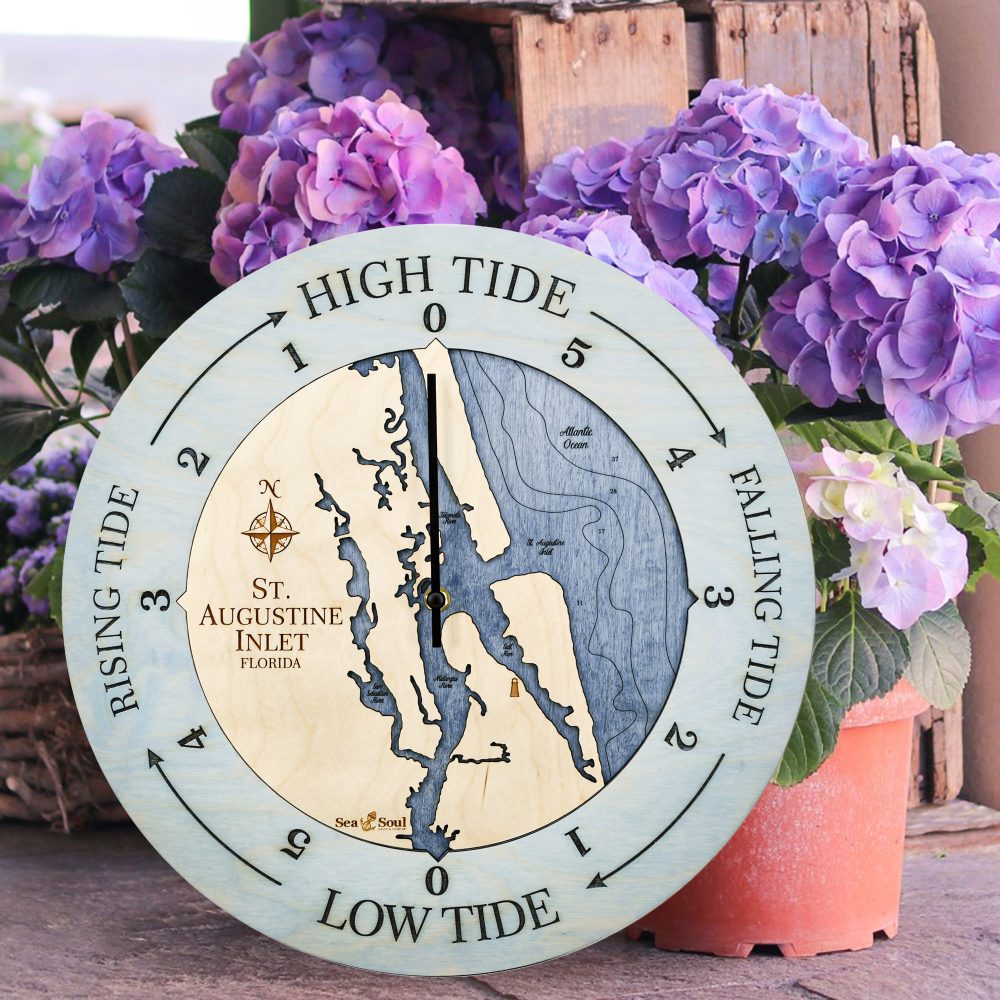 St. Augustine Tide Clock Bleach Blue Accent with Deep Blue Water Sitting on Ground by Flower Pots
