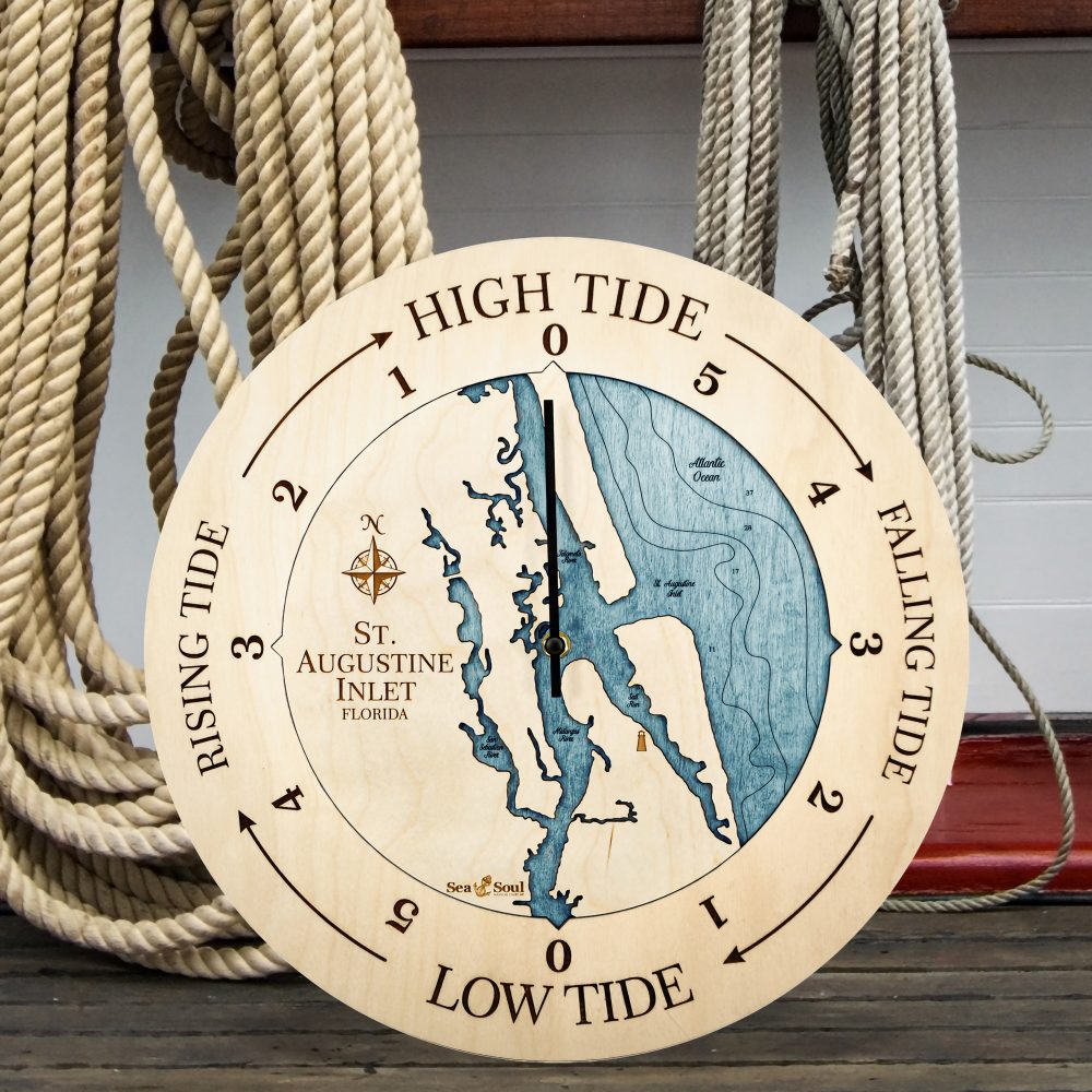 St. Augustine Tide Clock Birch Accent with Blue Green Water Sitting on Coastline Dock