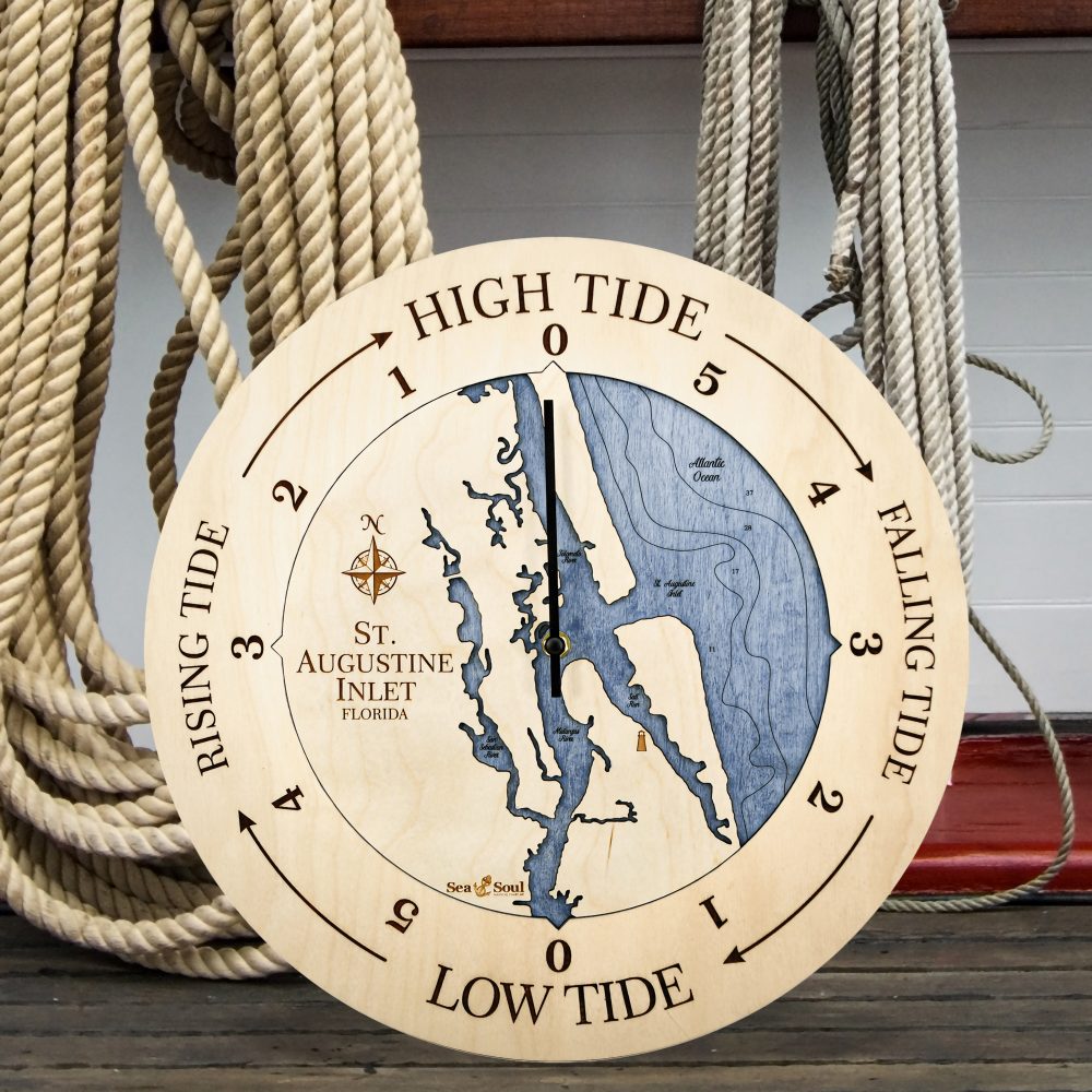 St. Augustine Tide Clock Birch Accent with Deep Blue Water Sitting on Coastline Dock