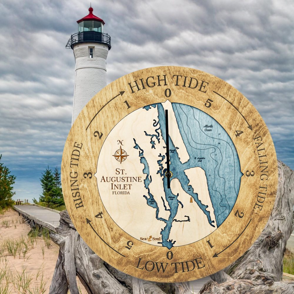St. Augustine Tide Clock Honey Accent with Blue Green Water by Lighthouse and Waterfront