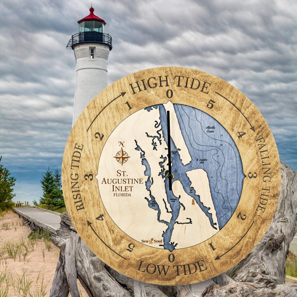 St. Augustine Tide Clock Honey Accent with Deep Blue Water by Lighthouse and Waterfront