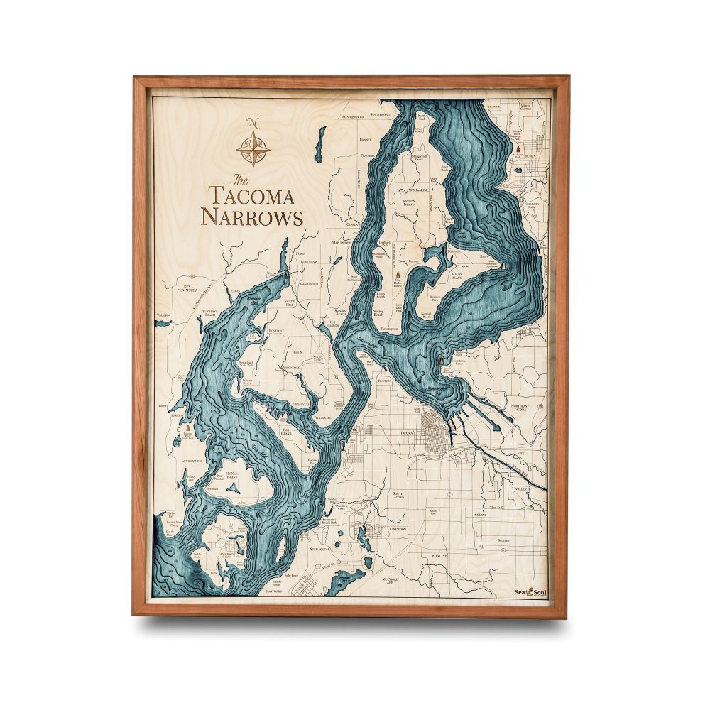 Tacoma Narrows Nautical Map Wall Art Cherry Accent with Blue Green Water