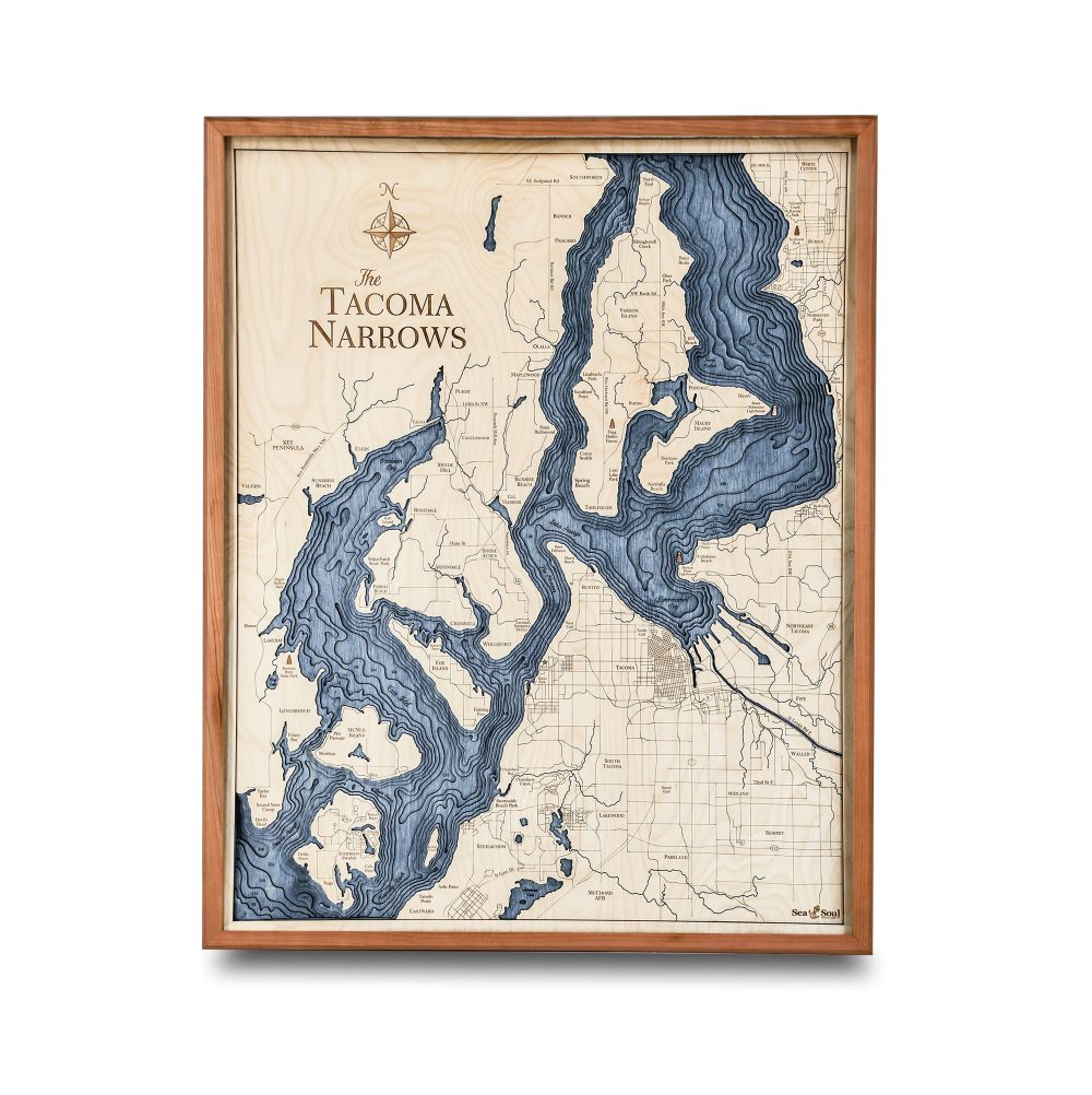 Tacoma Narrows Nautical Map Wall Art Cherry Accent with Deep Blue Water