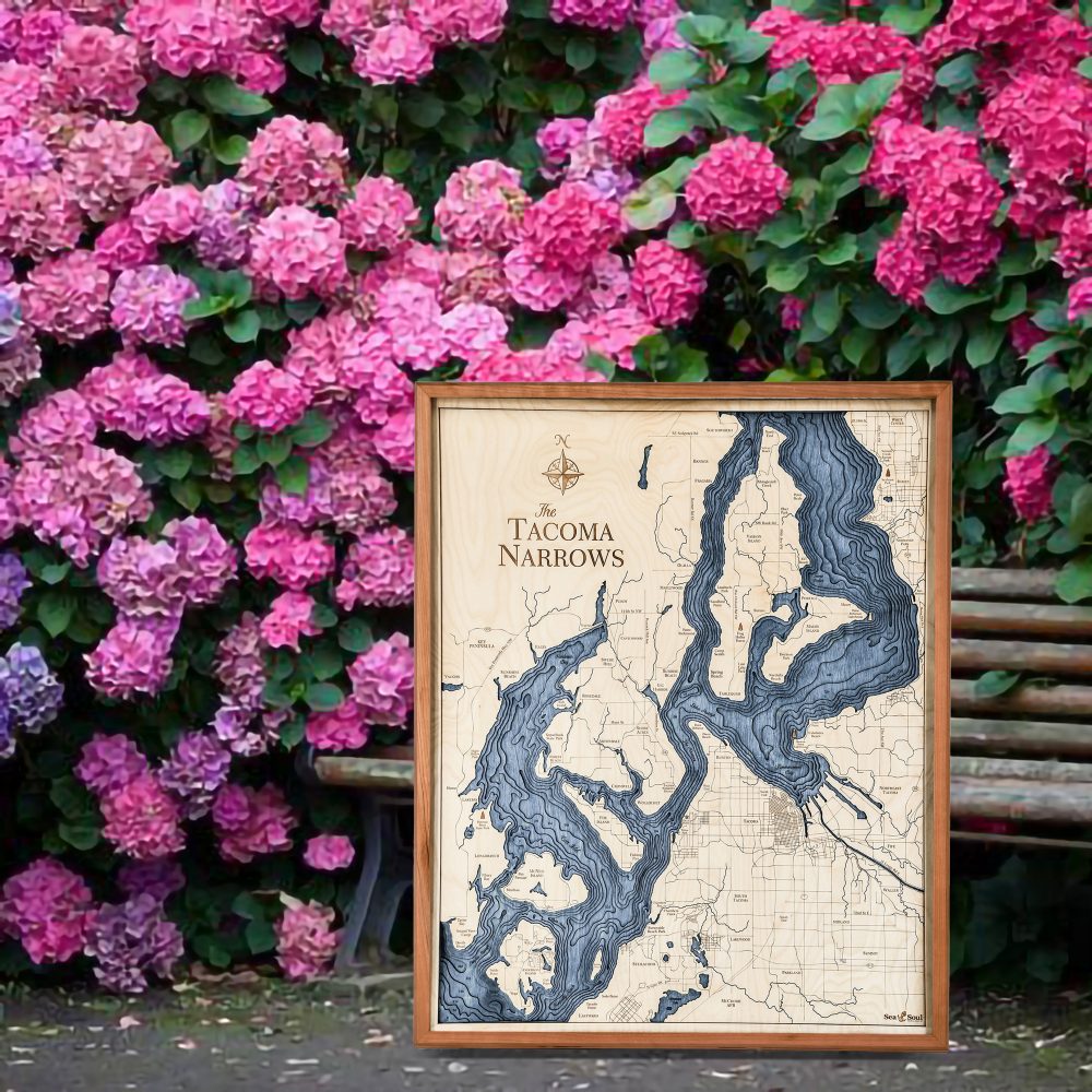 Tacoma Narrows Nautical Map Wall Art Cherry Accent with Deep Blue Water Sitting Outside by Bench and Flowers