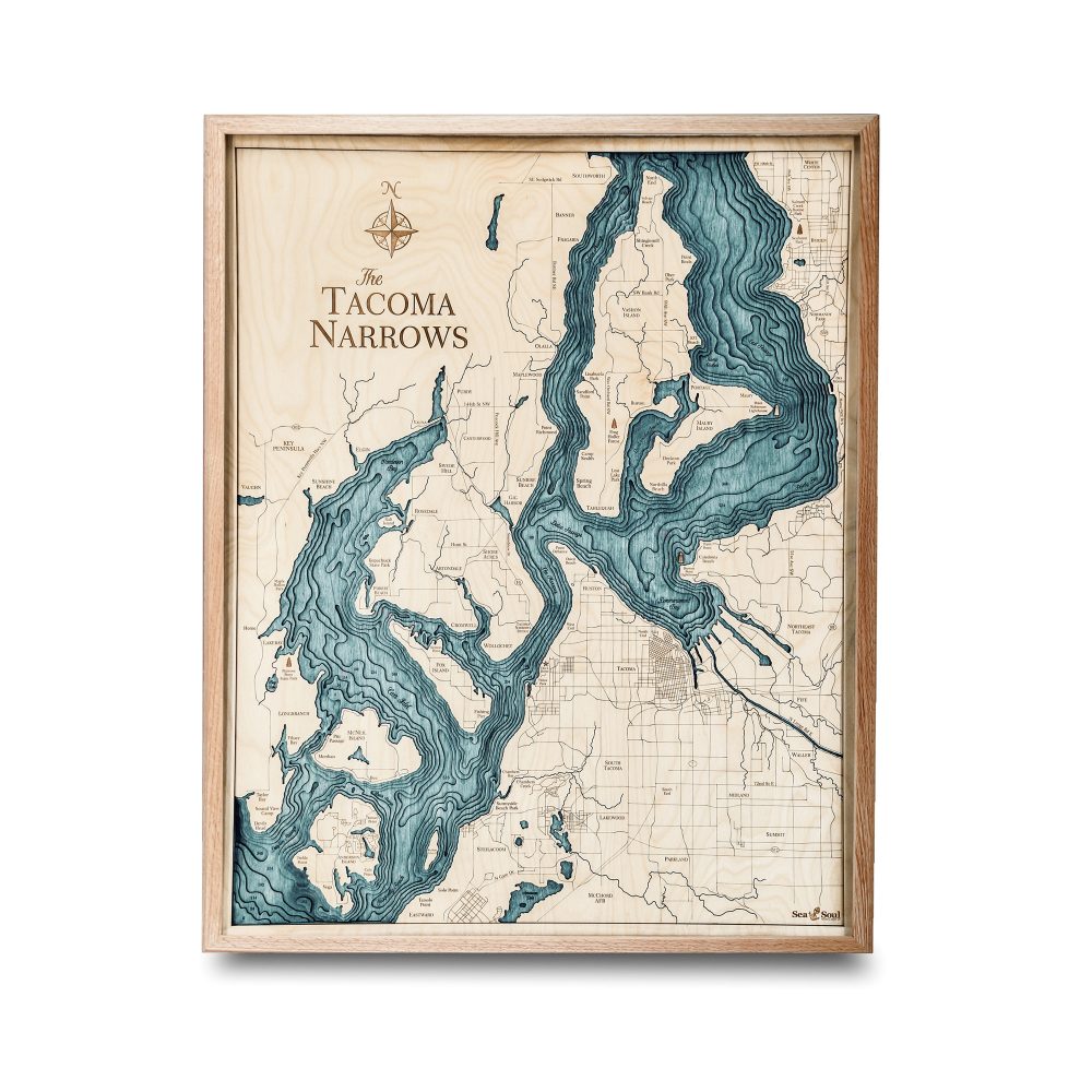 Tacoma Narrows Nautical Map Wall Art Oak Accent with Blue Green Water