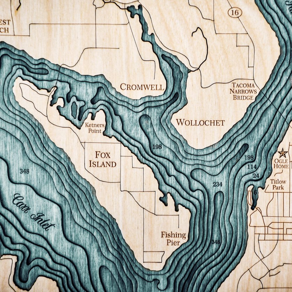 Tacoma Narrows Nautical Map Wall Art Oak Accent with Blue Green Water Detail Shot 1