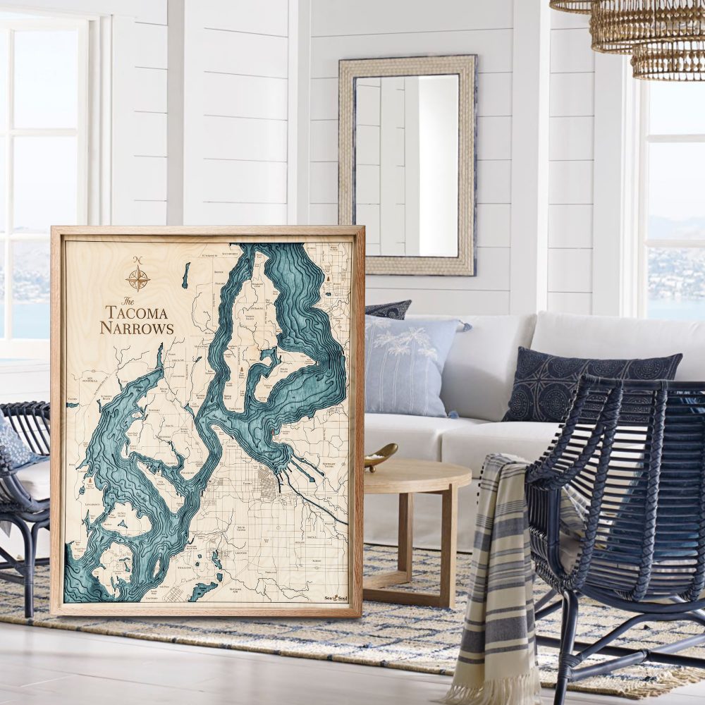 Tacoma Narrows Nautical Map Wall Art Oak Accent with Blue Green Water Sitting in Living Room by Coffee Table and Chair