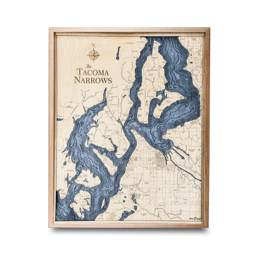 Tacoma Narrows Nautical Map Wall Art Oak Accent with Deep Blue Water