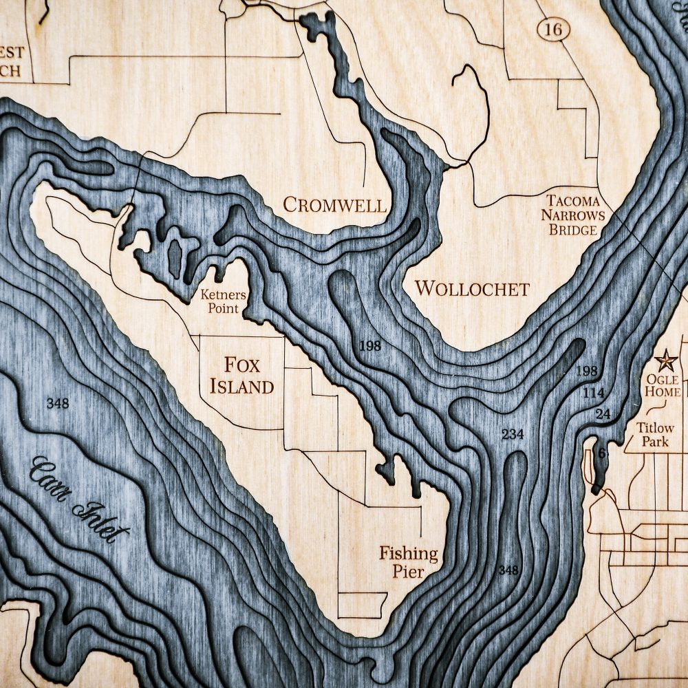 Tacoma Narrows Nautical Map Wall Art Oak Accent with Deep Blue Water Detail Shot 1