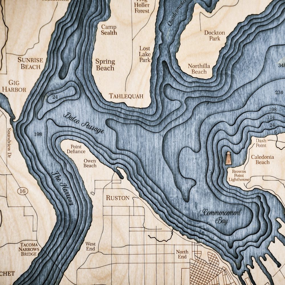 Tacoma Narrows Nautical Map Wall Art Oak Accent with Deep Blue Water Detail Shot 2