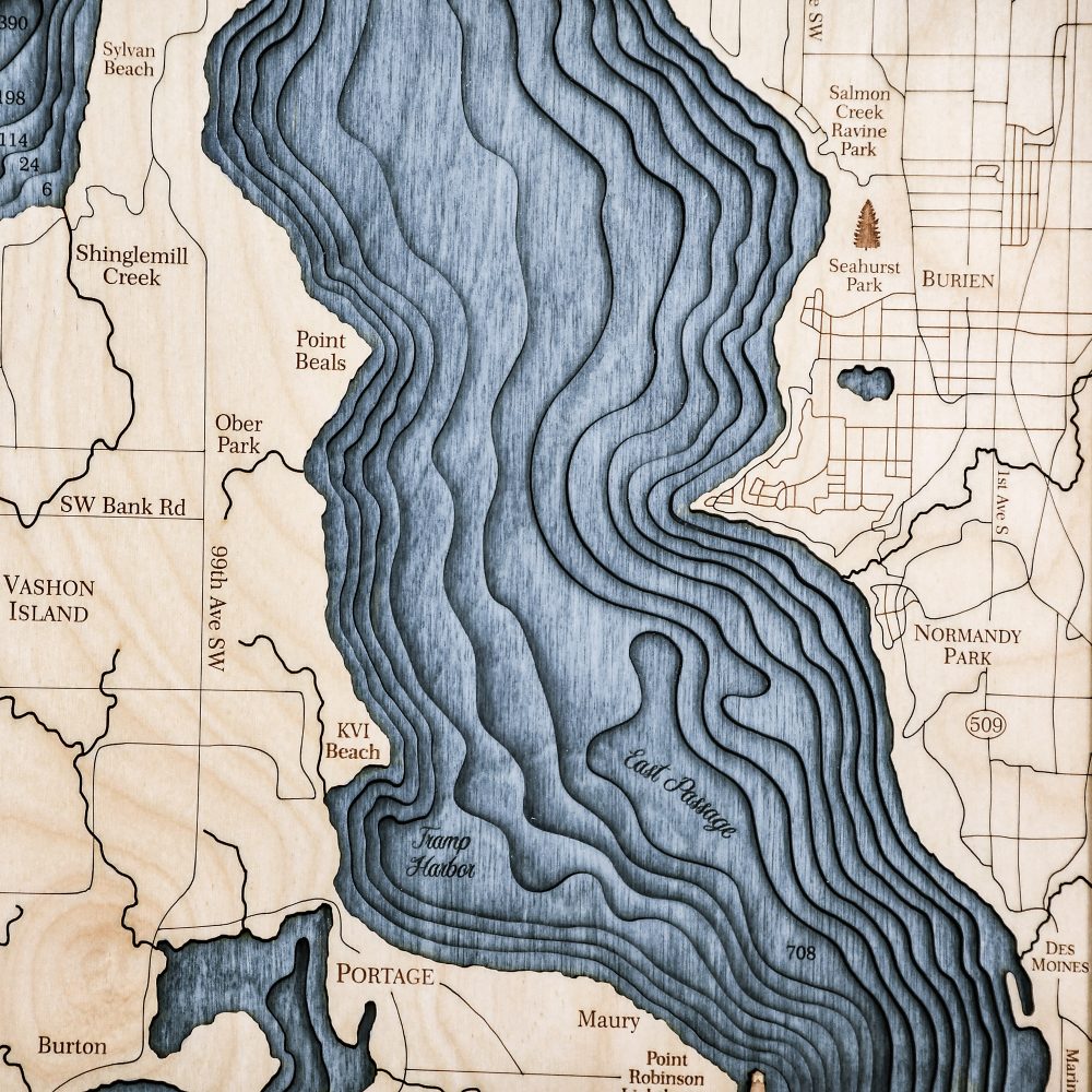Tacoma Narrows Nautical Map Wall Art Oak Accent with Deep Blue Water Detail Shot 3