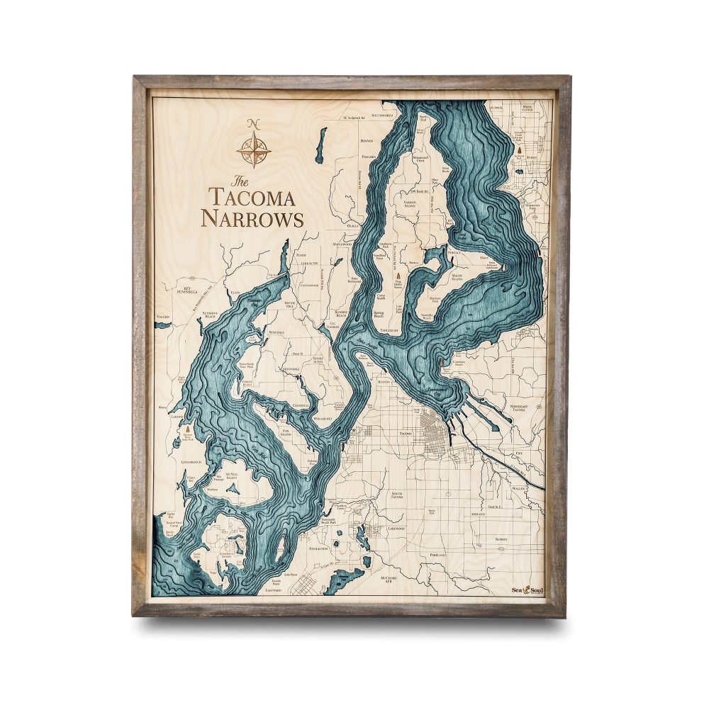 Tacoma Narrows Nautical Map Wall Art Rustic Pine Accent with Blue Green Water