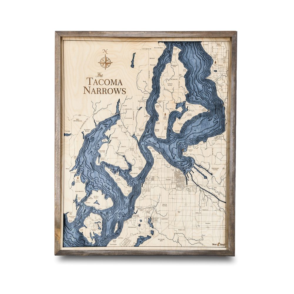 Tacoma Narrows Nautical Map Wall Art Rustic Pine Accent with Deep Blue Water