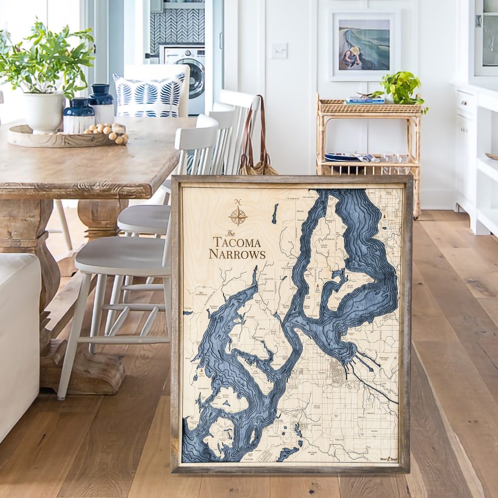 Tacoma Narrows Nautical Map Wall Art Rustic Pine Accent with Deep Blue Water Sitting in Kitchen by Dining Table