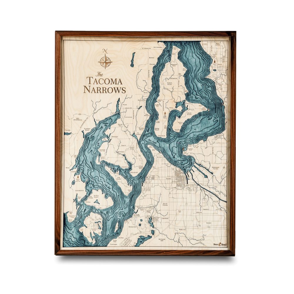 Tacoma Narrows Nautical Map Wall Art Walnut Accent with Blue Green Water