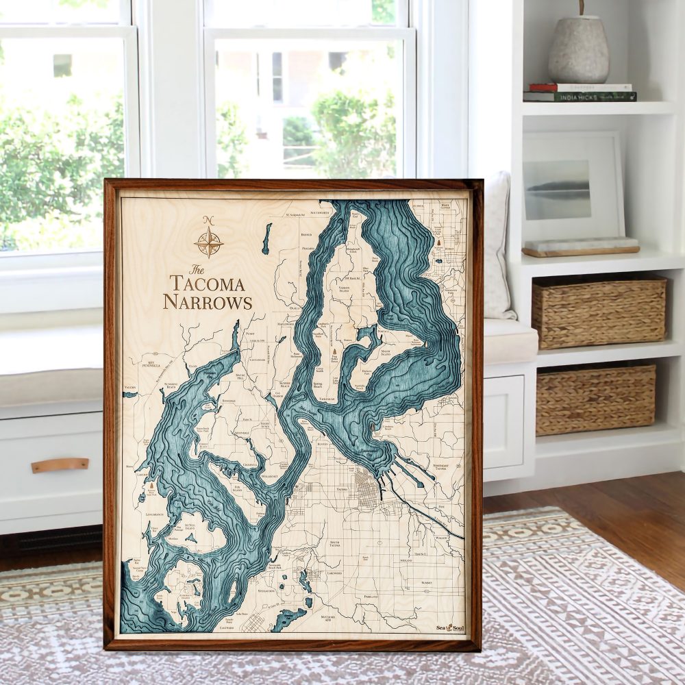 Tacoma Narrows Nautical Map Wall Art Walnut Accent with Blue Green Water Sitting by Window