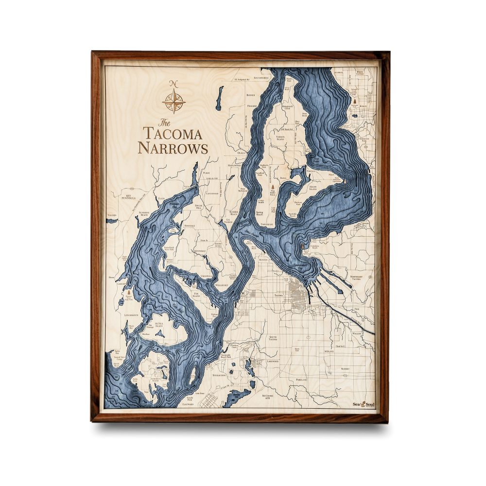 Tacoma Narrows Nautical Map Wall Art Walnut Accent with Deep Blue Water
