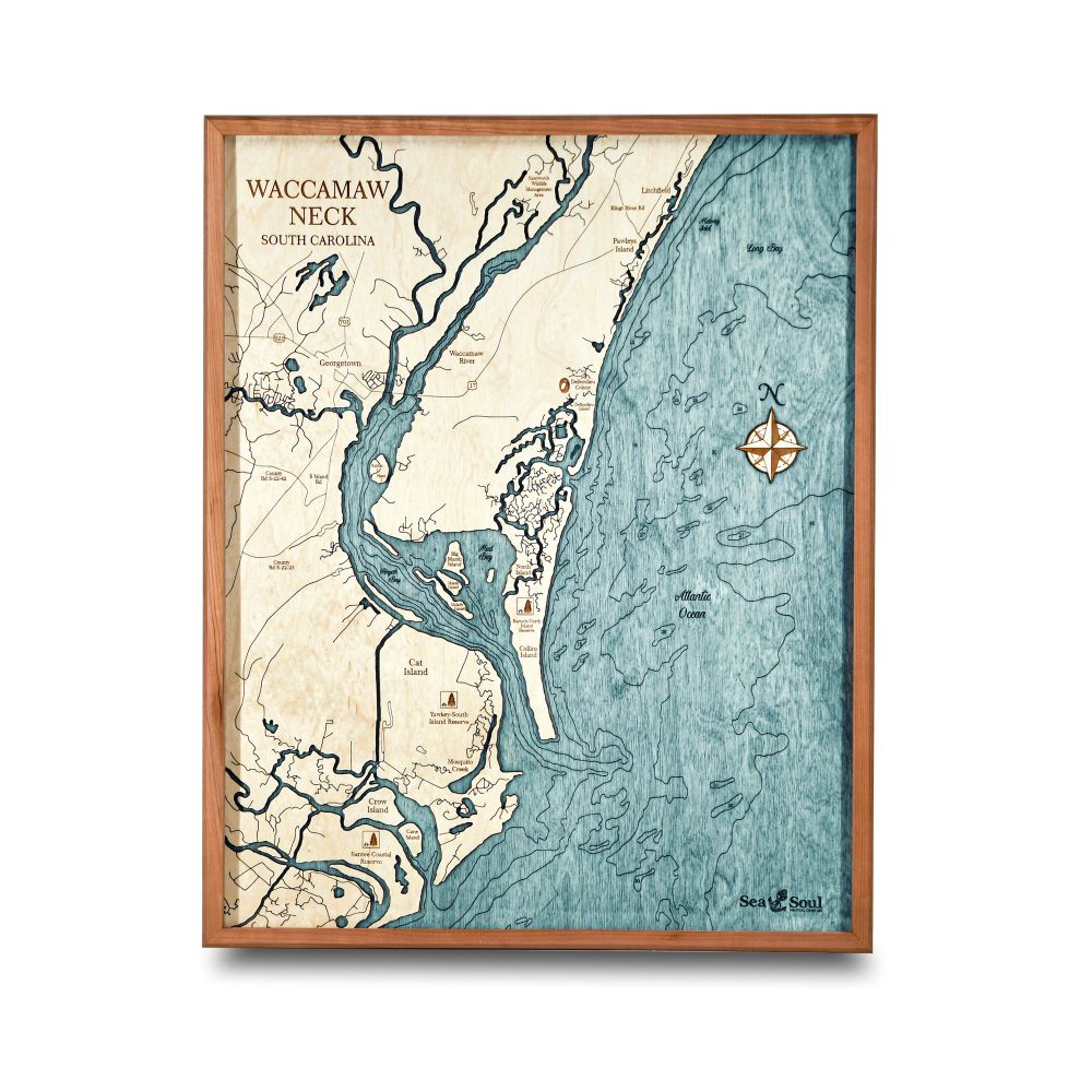 Waccamaw Neck Nautical Map Wall Art Cherry Accent with Blue Green Water