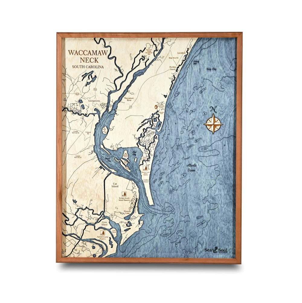 Waccamaw Neck Nautical Map Wall Art Cherry Accent with Deep Blue Water