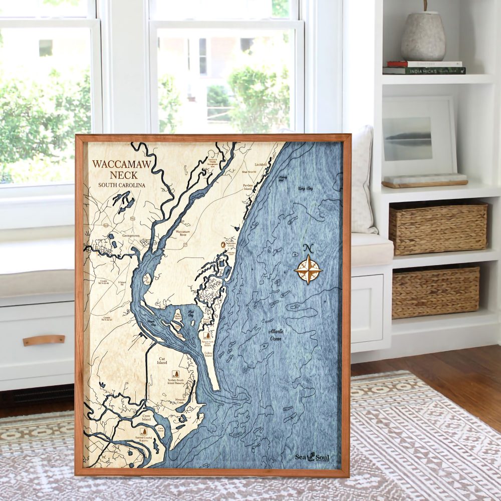 Waccamaw Neck Nautical Map Wall Art Cherry Accent with Deep Blue Water Sitting by Window