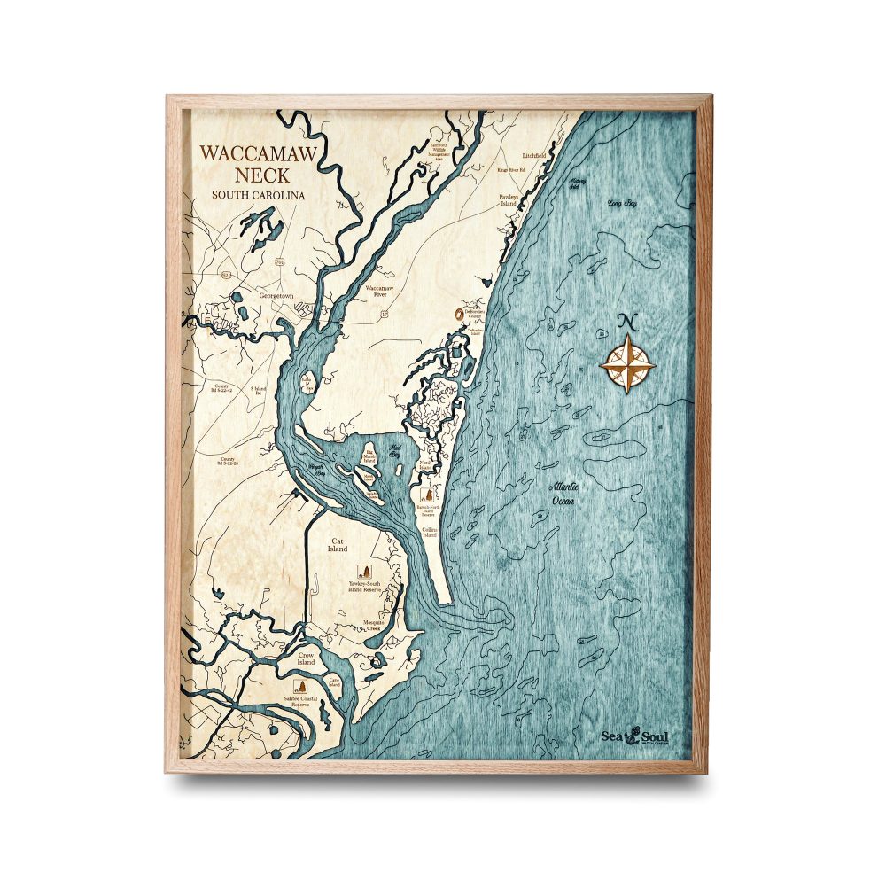 Waccamaw Neck Nautical Map Wall Art Oak Accent with Blue Green Water
